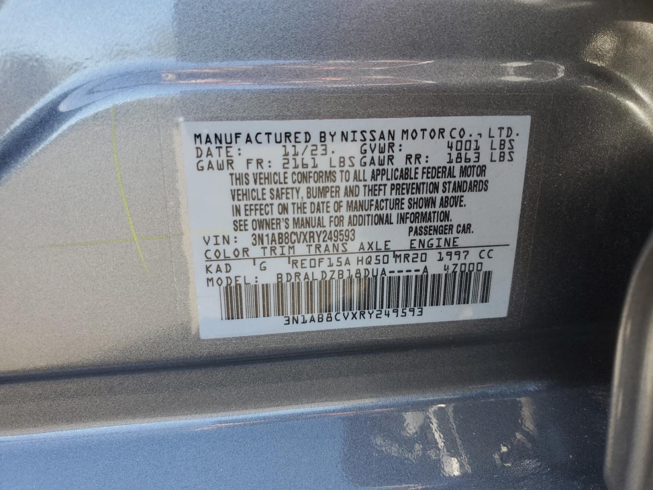 2024 NISSAN SENTRA SV VIN:3N1AB8CVXRY249593