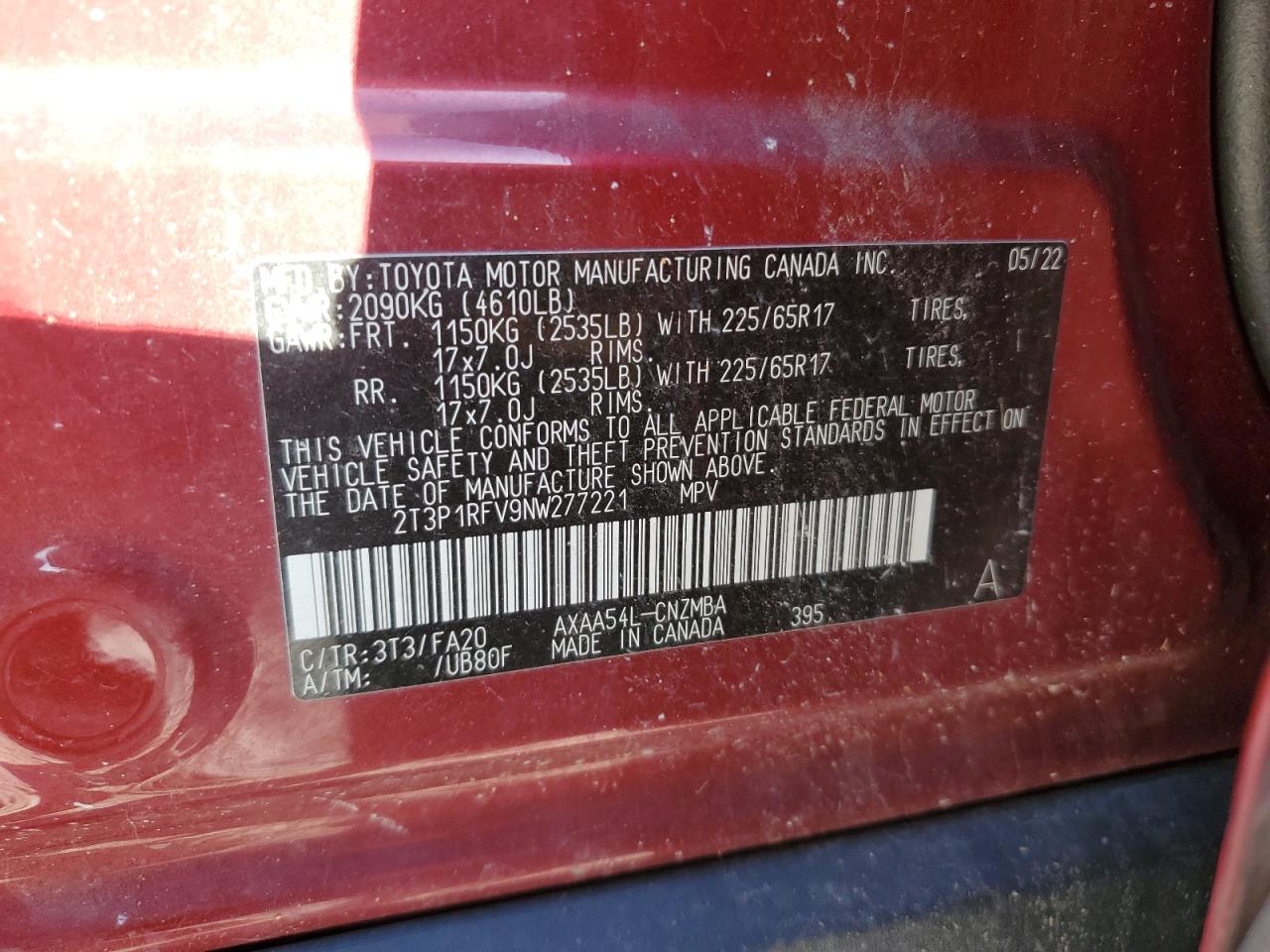 2022 TOYOTA RAV4 XLE VIN:2T3P1RFV9NW277221