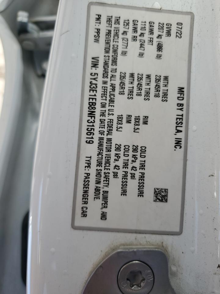 2022 TESLA MODEL 3  VIN:5YJ3E1EB8NF315619