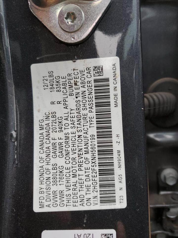 2022 HONDA CIVIC SPORT VIN:2HGFE2F5XNH560199