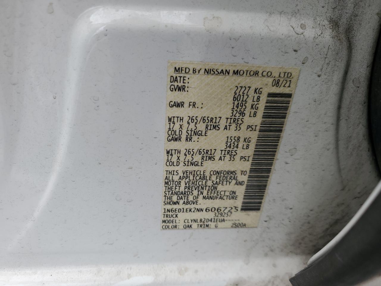 2022 NISSAN FRONTIER S VIN:1N6ED1EK2NN606725