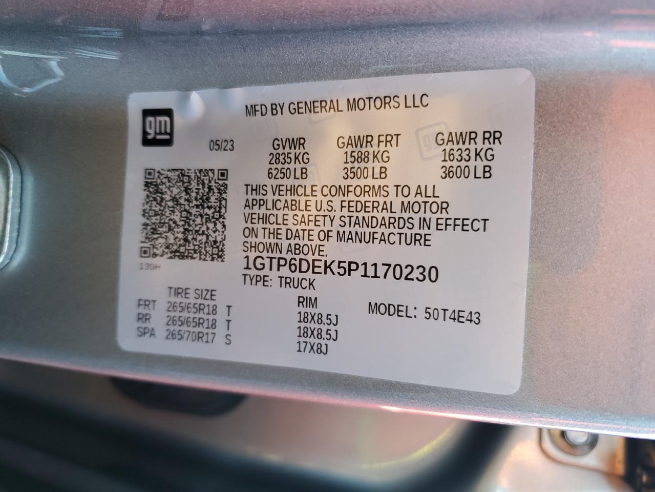 2023 GMC CANYON AT4 VIN:1GTP6DEK5P1170230