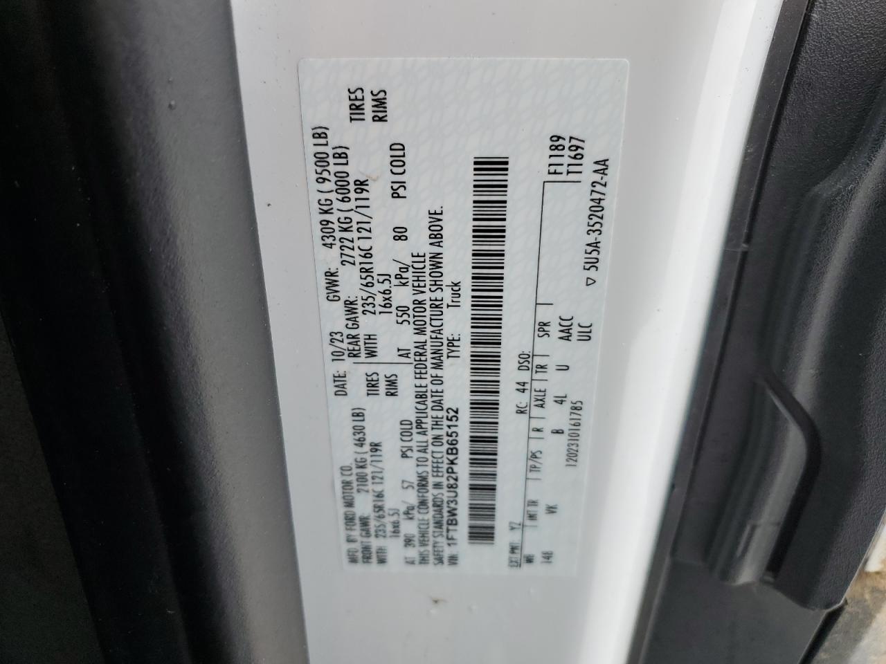 2023 FORD TRANSIT T-350 VIN:1FTBW3U82PKB65152