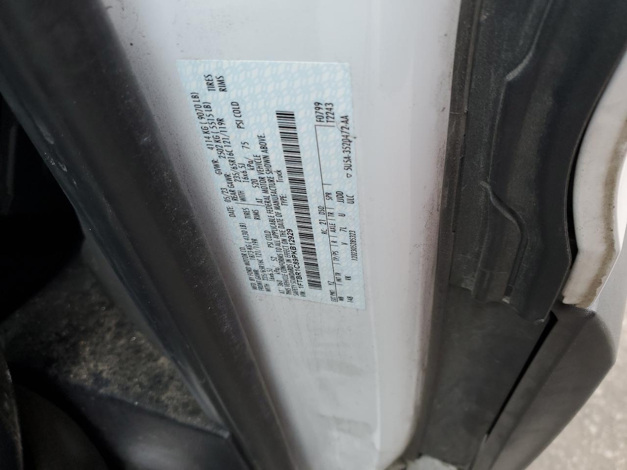 2023 FORD TRANSIT T-250 VIN:1FTBR1C89PKB12929
