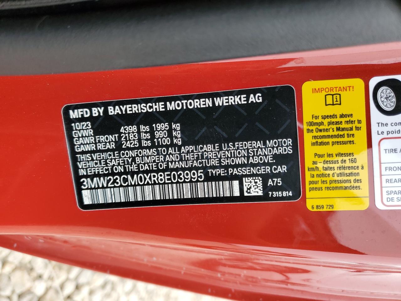 2024 BMW 230I  VIN:3MW23CM0XR8E03995