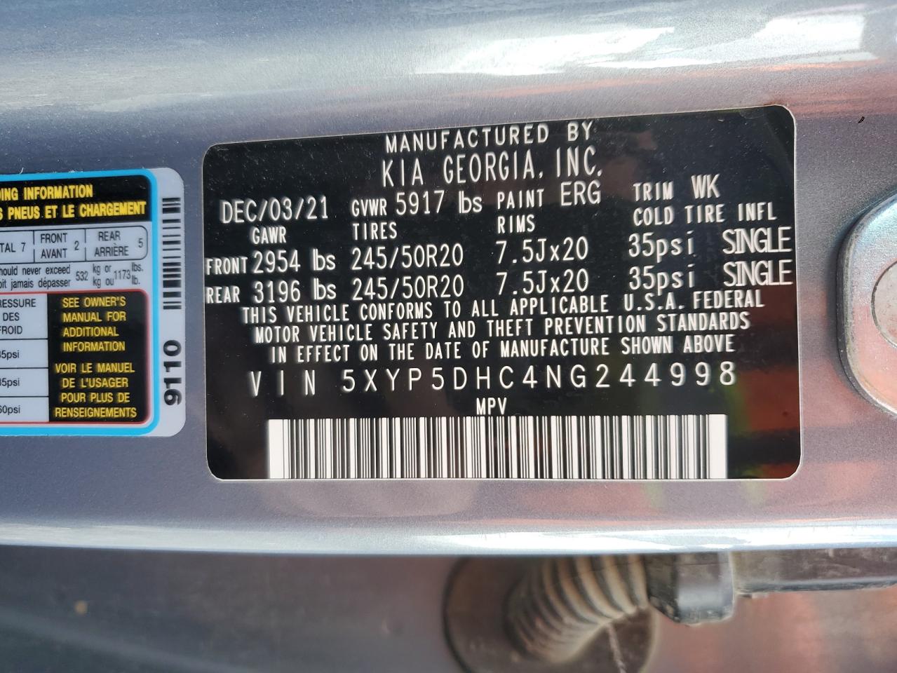 2022 KIA TELLURIDE SX VIN:5XYP5DHC4NG244998