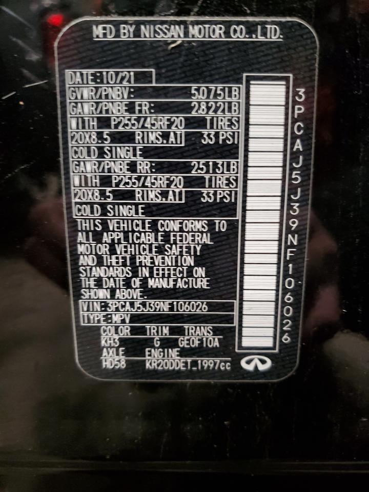 2022 INFINITI QX55 LUXE VIN:3PCAJ5J39NF106026