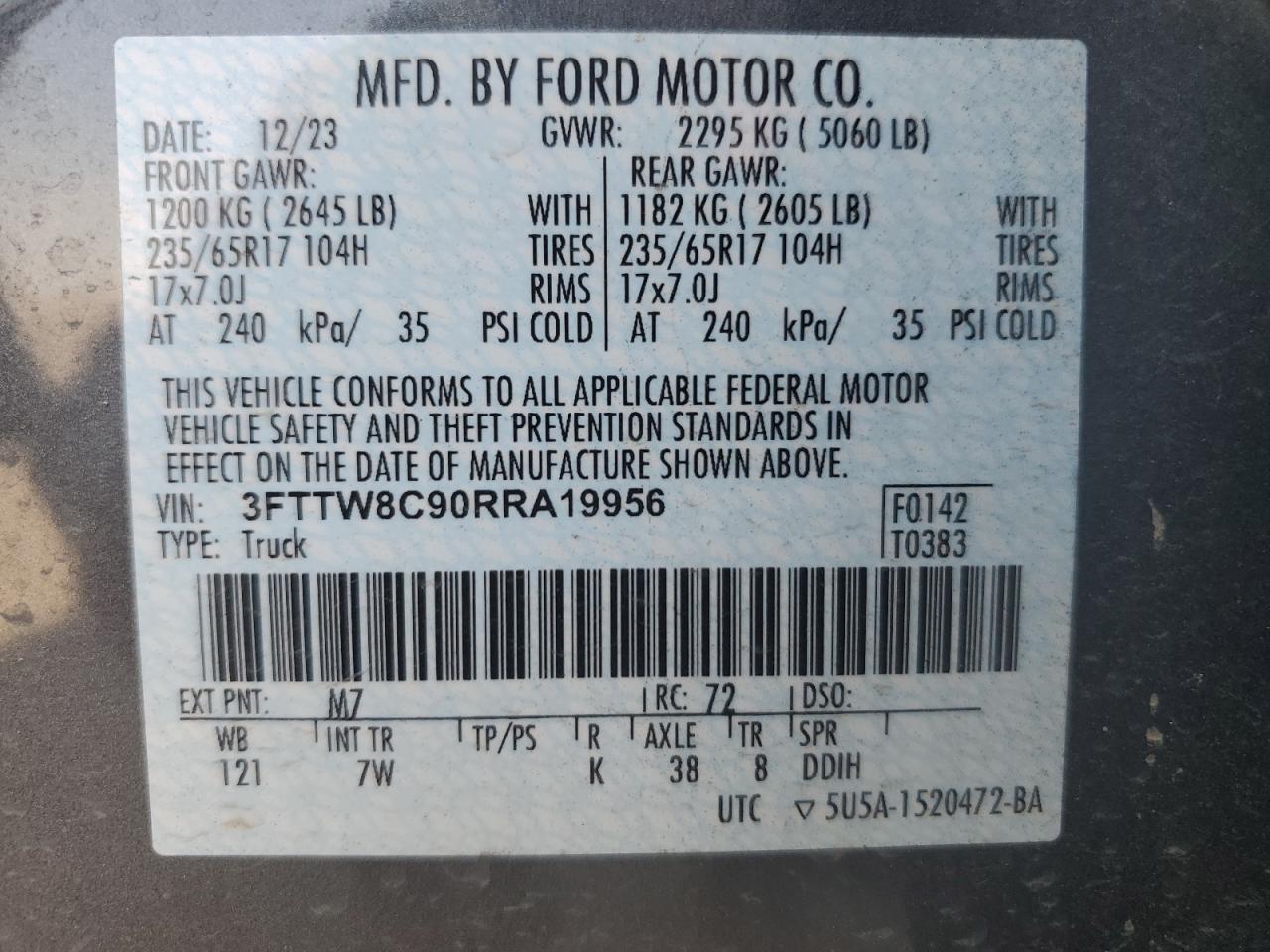 2024 FORD MAVERICK XLT TREMOR VIN:3FTTW8C90RRA19956
