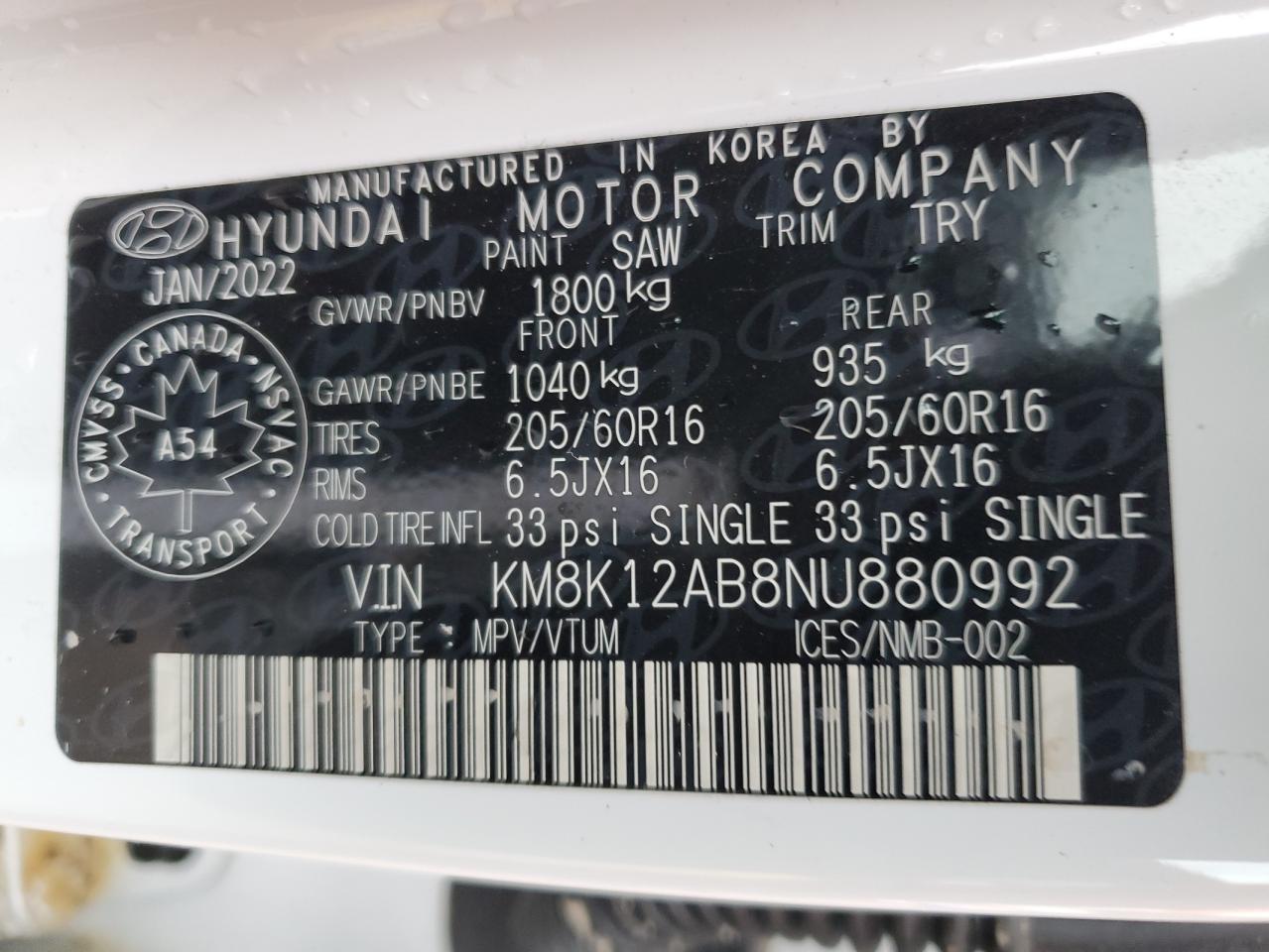 2022 HYUNDAI KONA SE VIN:KM8K12AB8NU880992