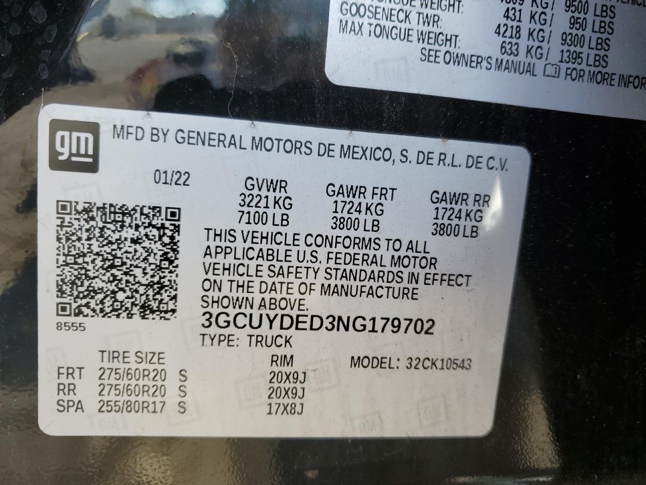 2022 CHEVROLET SILVERADO LTD K1500 LT VIN:3GCUYDED3NG179702