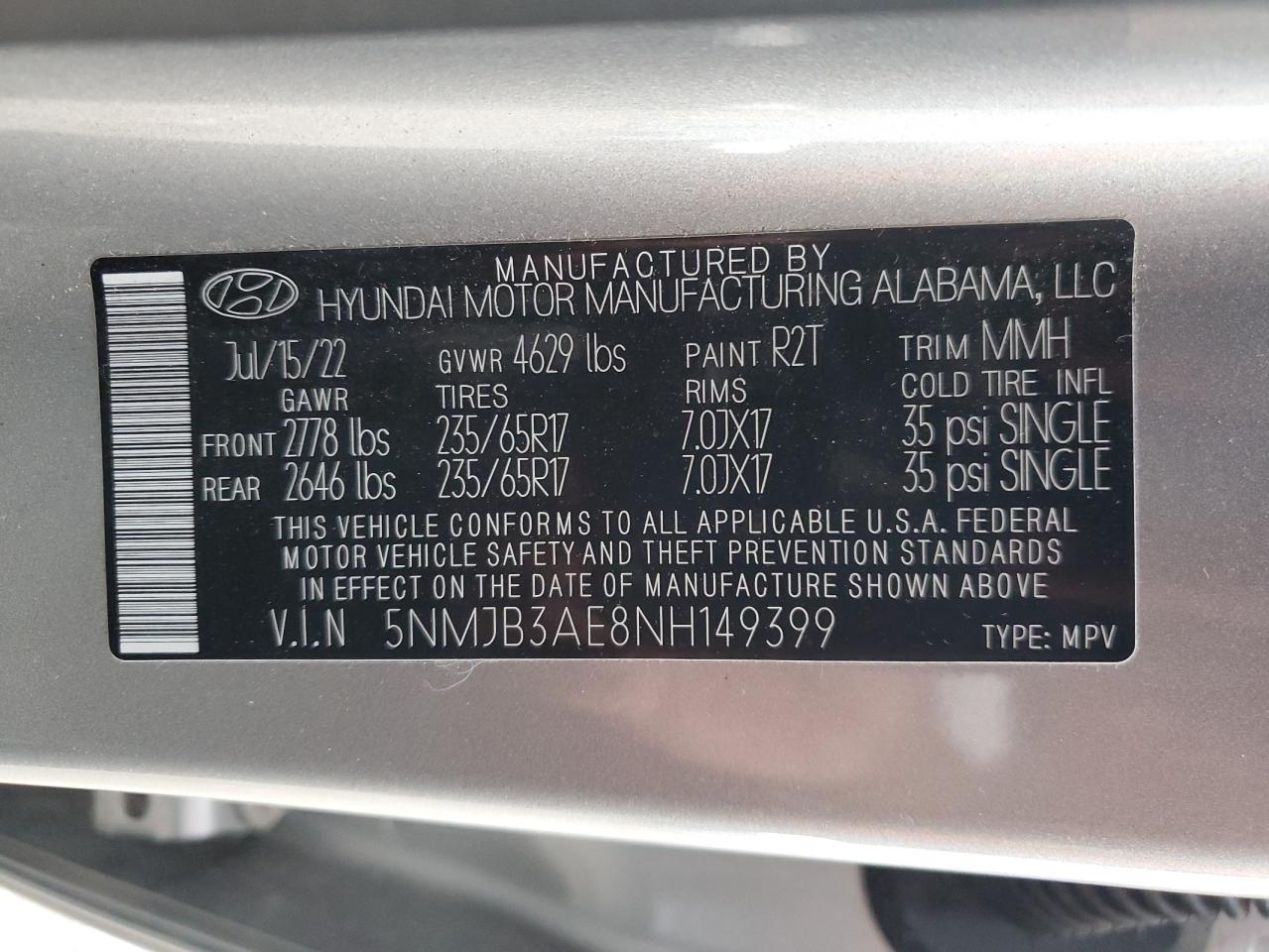 2022 HYUNDAI TUCSON SEL VIN:5NMJB3AE8NH149399