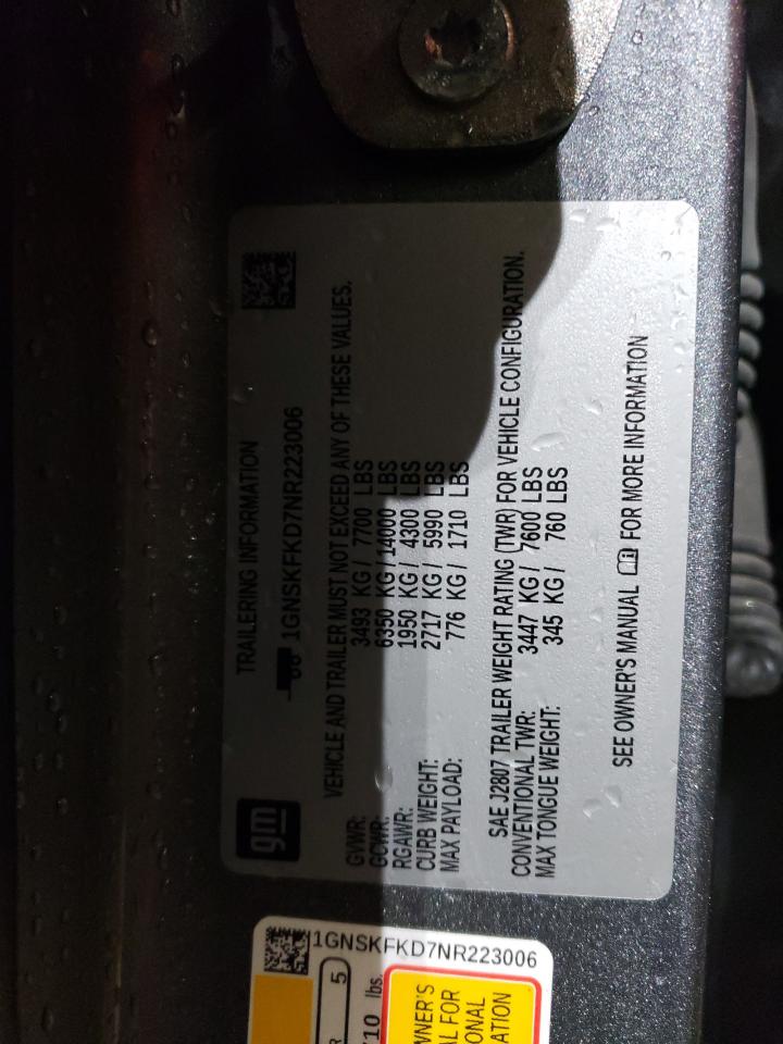 2022 CHEVROLET SUBURBAN K1500 PREMIER VIN:1GNSKFKD7NR223006