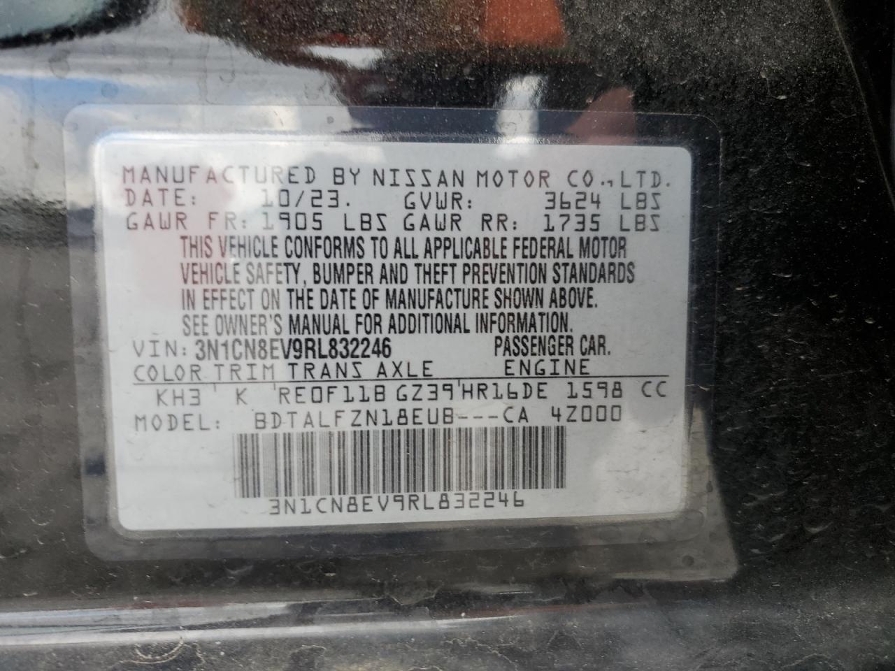 2024 NISSAN VERSA SV VIN:3N1CN8EV9RL832246