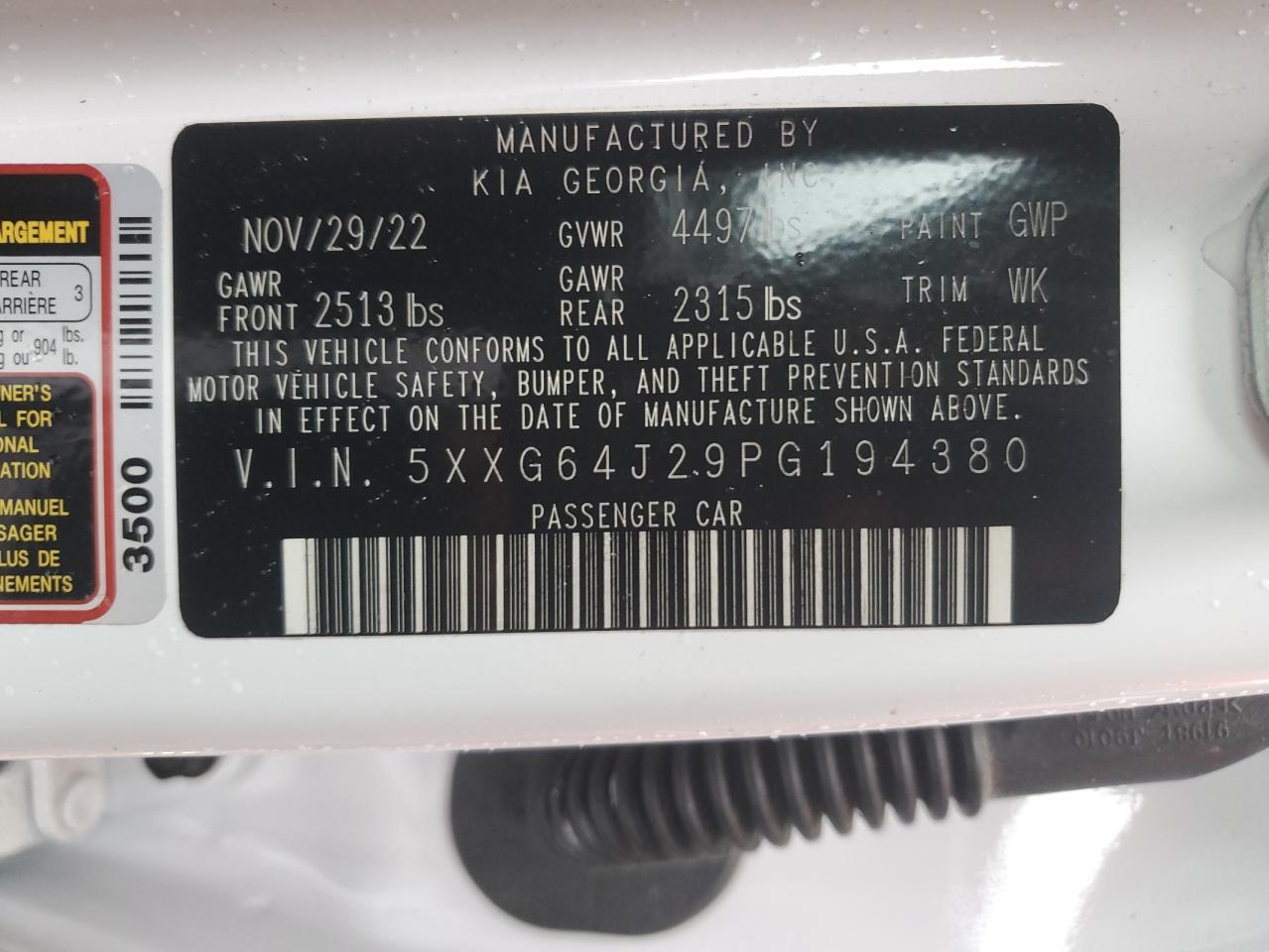 2023 KIA K5 GT LINE VIN:5XXG64J29PG194380
