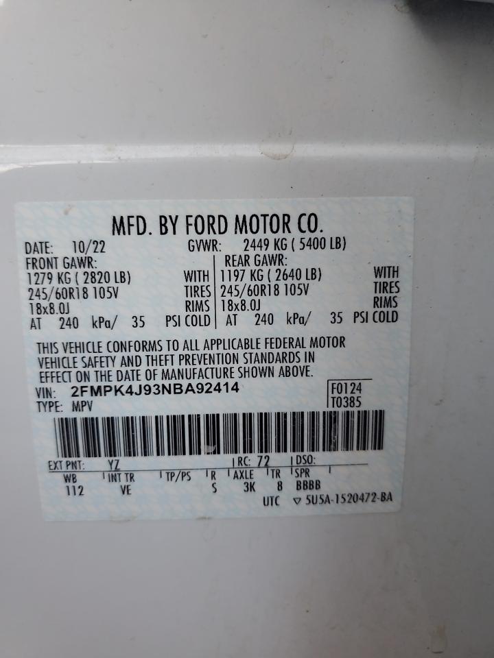 2022 FORD EDGE SEL VIN:2FMPK4J93NBA92414