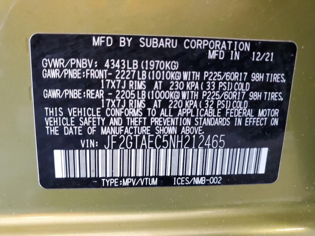 2022 SUBARU CROSSTREK PREMIUM VIN:JF2GTAEC5NH212465