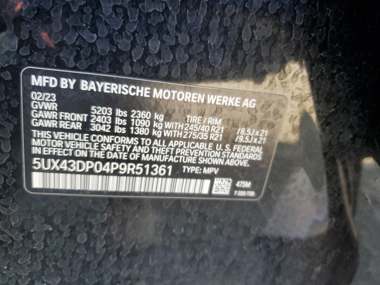 2023 BMW X3 SDRIVE30I VIN:5UX43DP04P9R51361