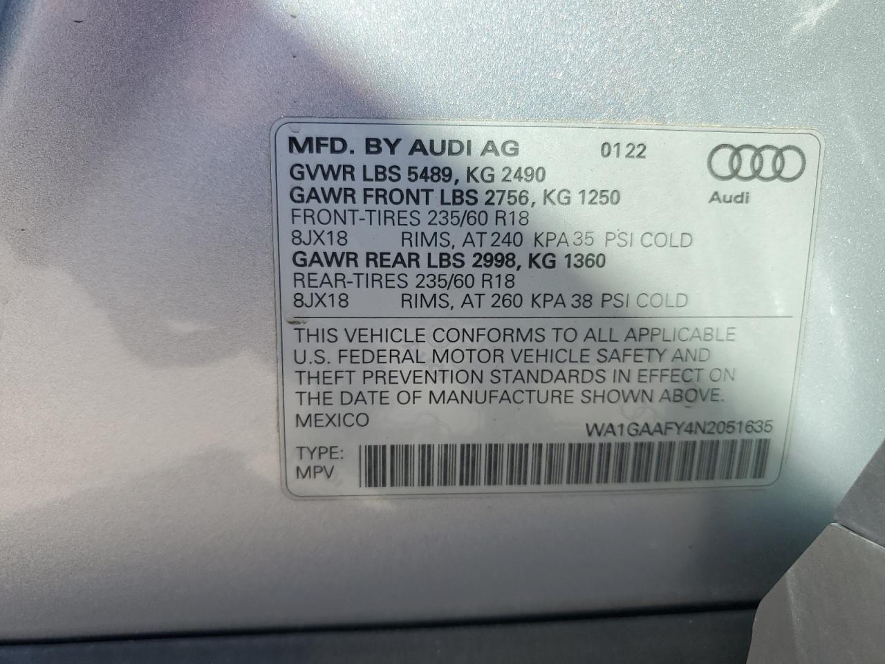 2022 AUDI Q5 PREMIUM 45 VIN:WA1GAAFY4N2051635