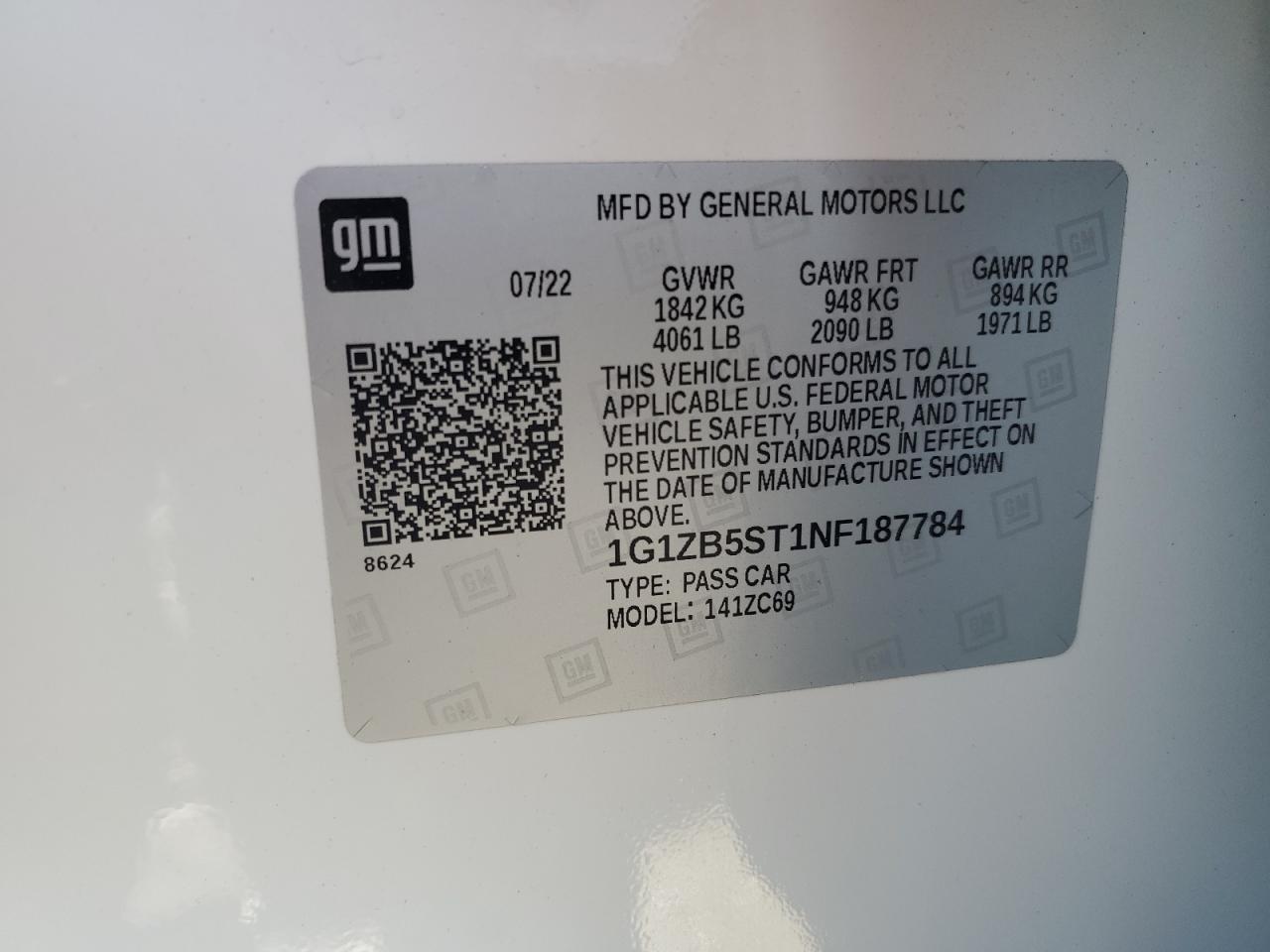 2022 CHEVROLET MALIBU LS VIN:1G1ZB5ST1NF187784