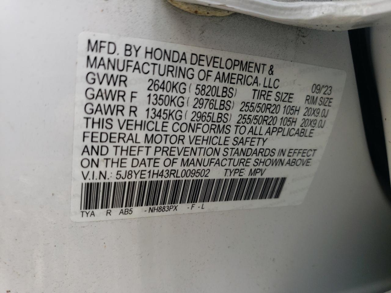 2024 ACURA MDX TECHNOLOGY VIN:5J8YE1H43RL009502