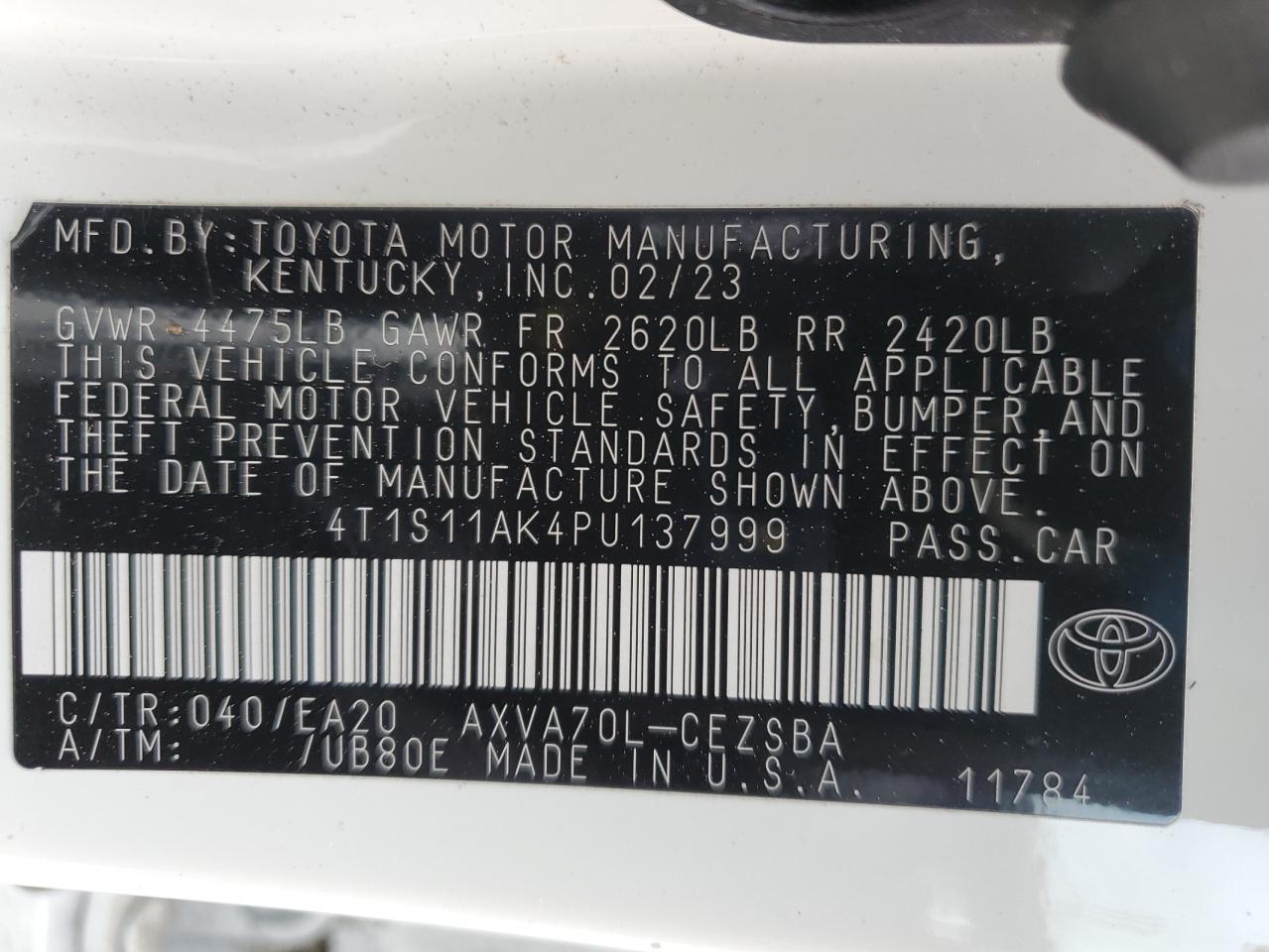 2023 TOYOTA CAMRY SE NIGHT SHADE VIN:4T1S11AK4PU137999