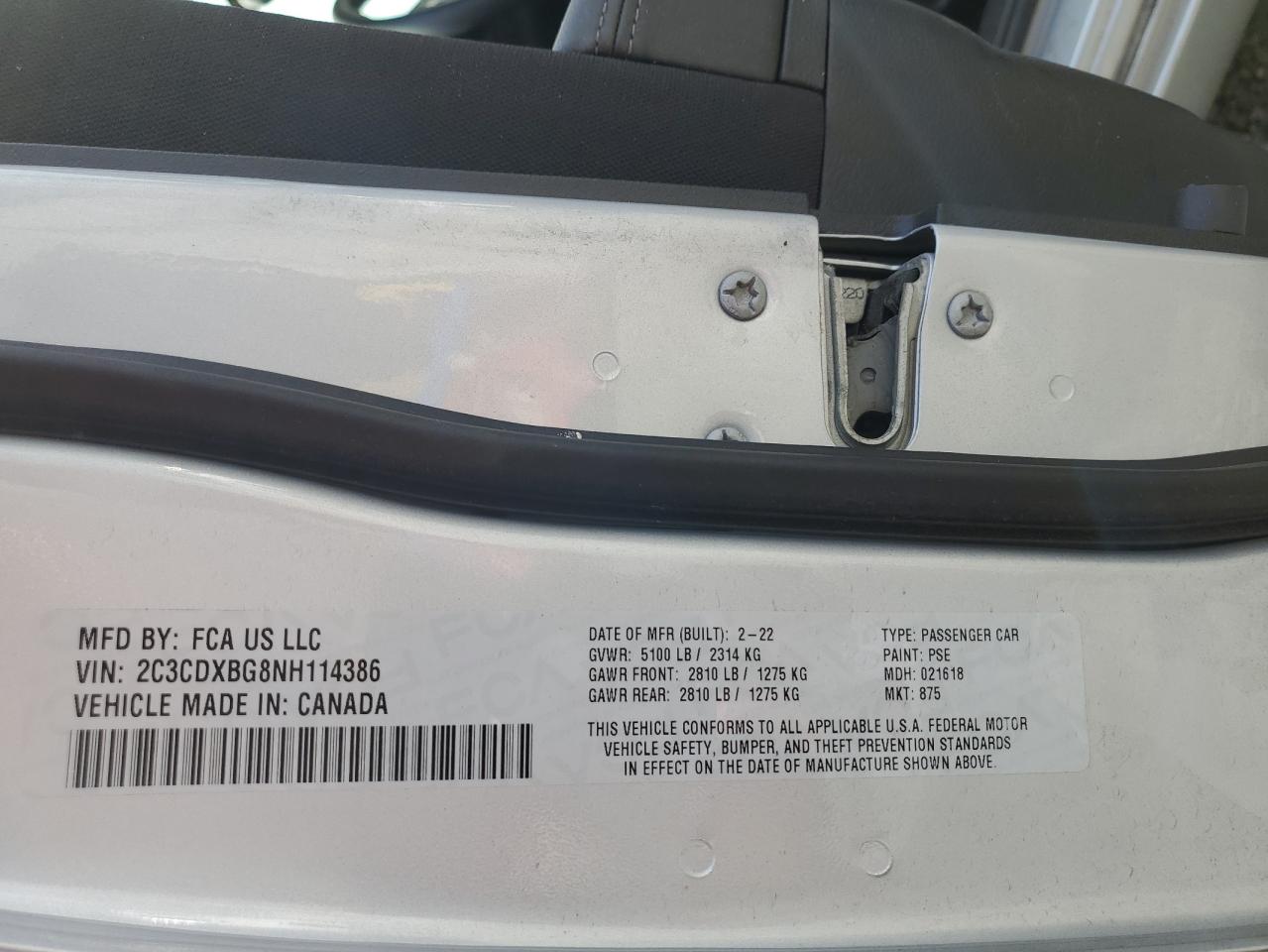 2022 DODGE CHARGER SXT VIN:2C3CDXBG8NH114386