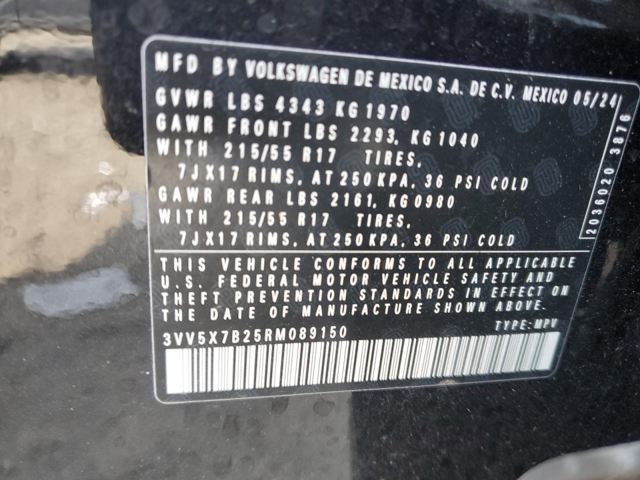 2024 VOLKSWAGEN TAOS S VIN:3VV5X7B25RM089150