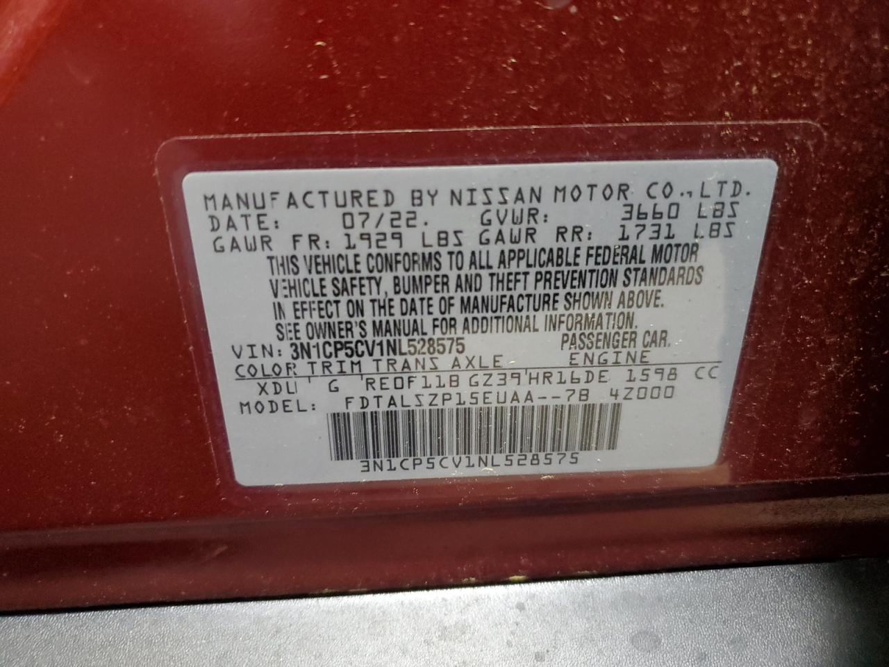 2022 NISSAN KICKS SV VIN:3N1CP5CV1NL528575