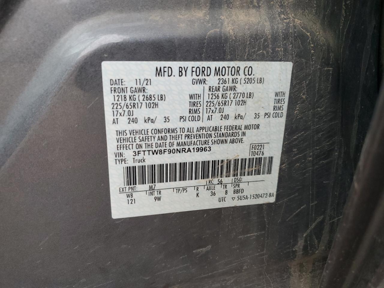 2022 FORD MAVERICK XL VIN:3FTTW8F90NRA19963