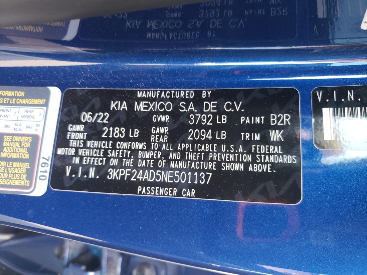 2022 KIA FORTE FE VIN:3KPF24AD5NE501137