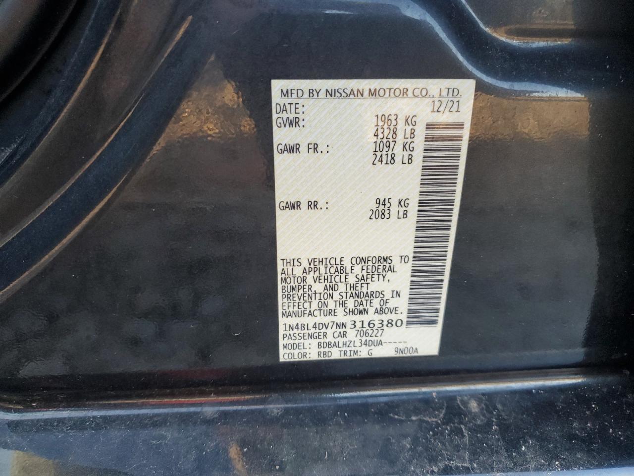 2022 NISSAN ALTIMA SV VIN:1N4BL4DV7NN316380