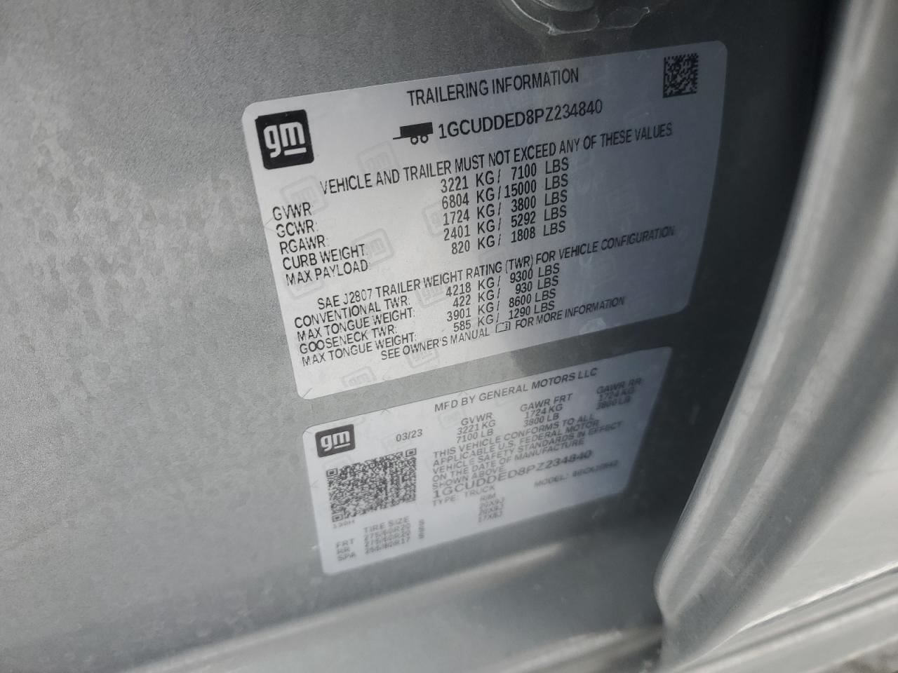 2023 CHEVROLET SILVERADO K1500 LT VIN:1GCUDDED8PZ234840