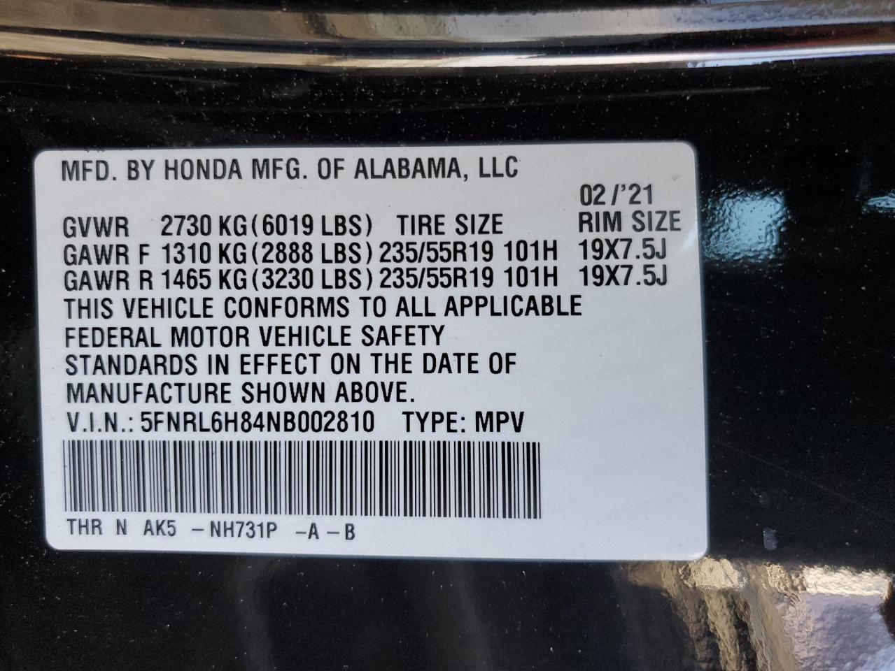 2022 HONDA ODYSSEY TOURING VIN:5FNRL6H84NB002810