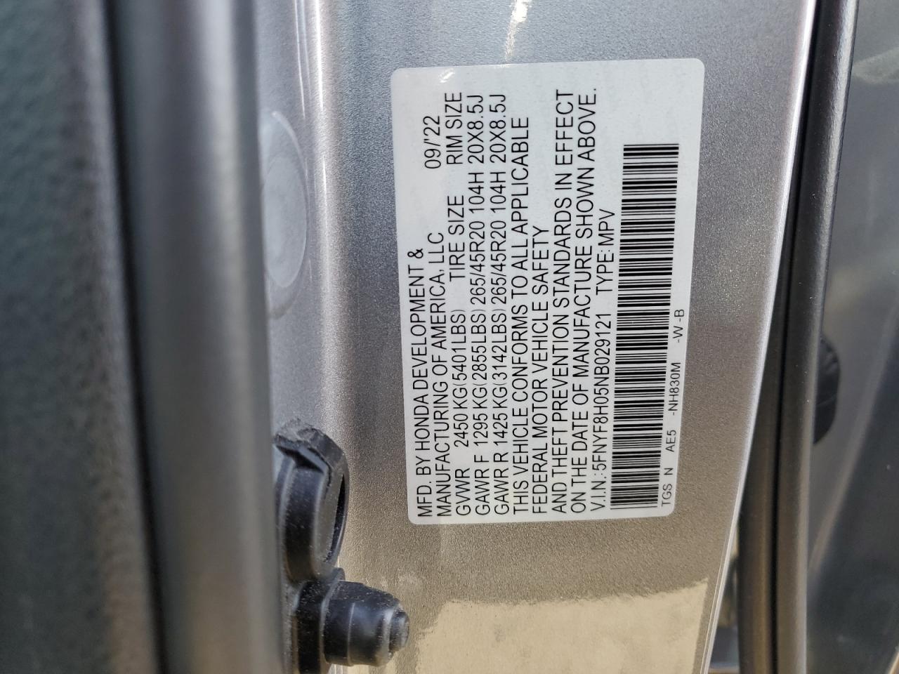 2022 HONDA PASSPORT ELITE VIN:5FNYF8H05NB029121