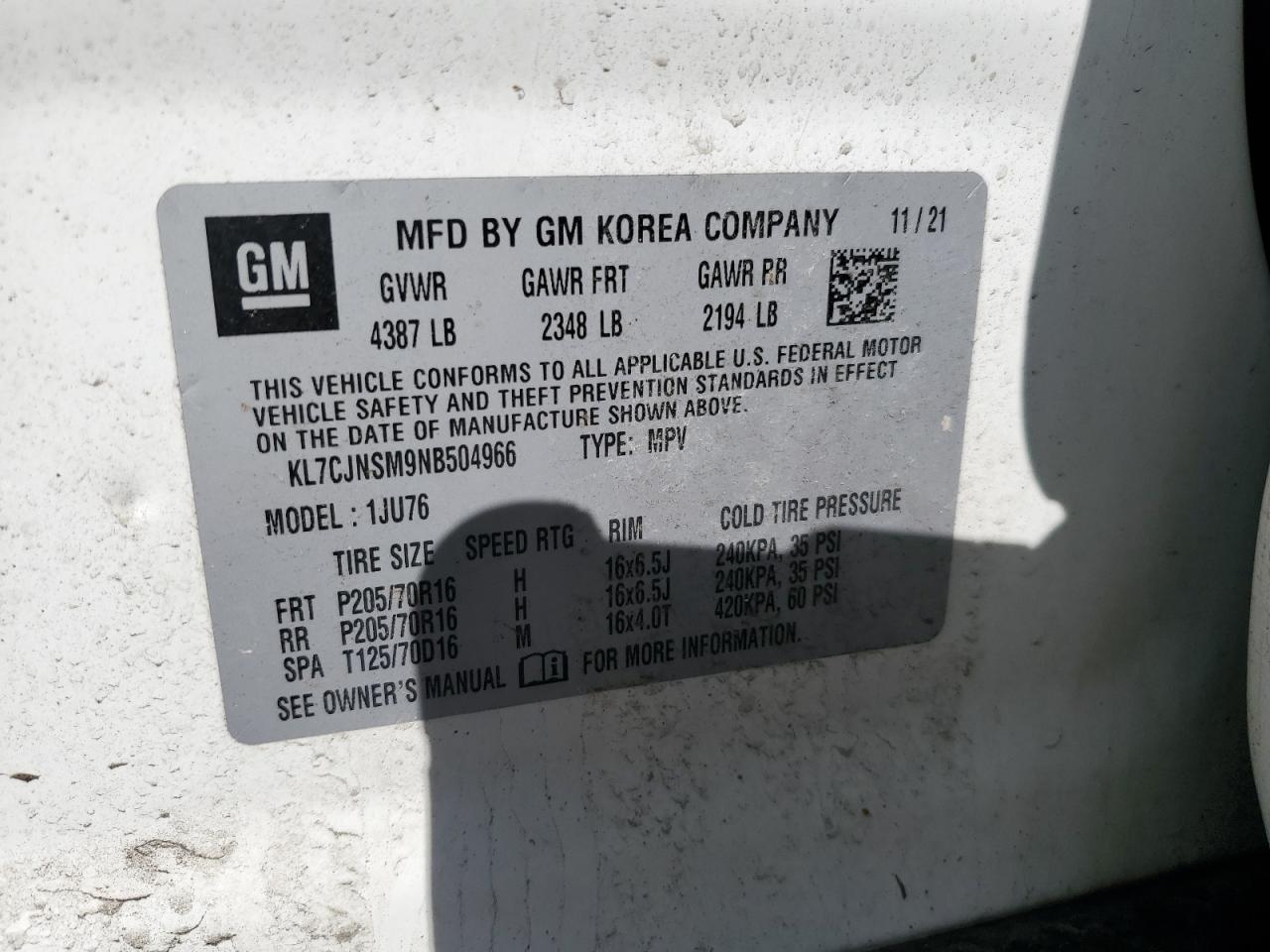 2022 CHEVROLET TRAX LS VIN:KL7CJNSM9NB504966