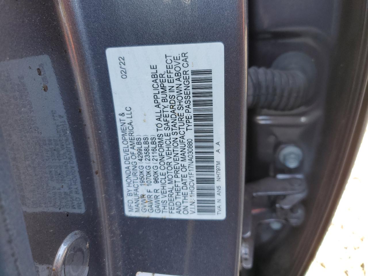 2022 HONDA ACCORD LX VIN:1HGCV1F17NA030880
