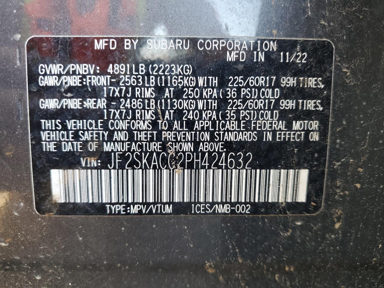 2023 SUBARU FORESTER  VIN:JF2SKACC2PH424632