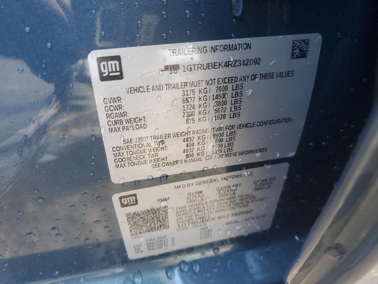 2024 GMC SIERRA K1500 SLE VIN:1GTRUBEK4RZ342092