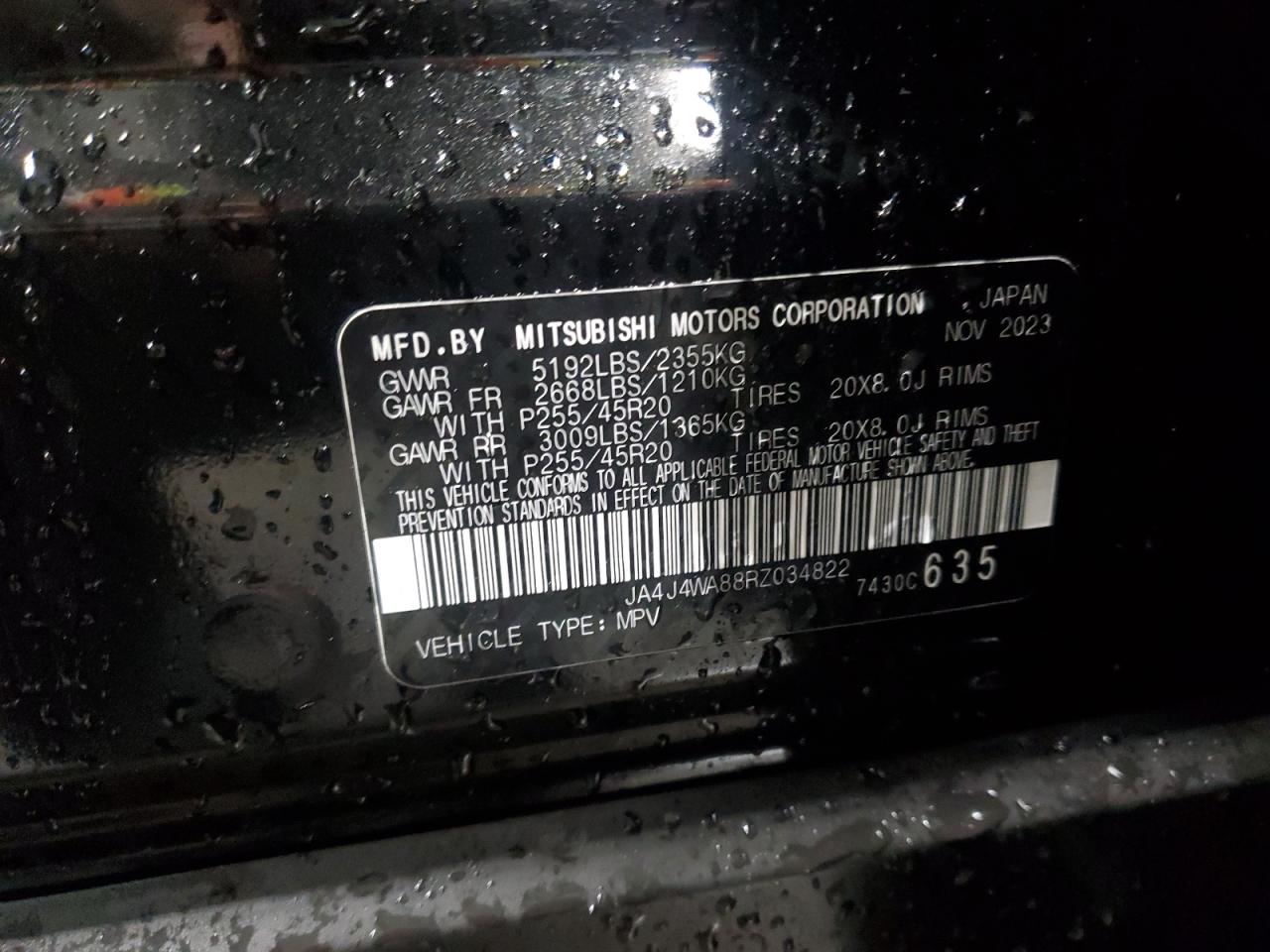 2024 MITSUBISHI OUTLANDER SEL VIN:JA4J4WA88RZ034822