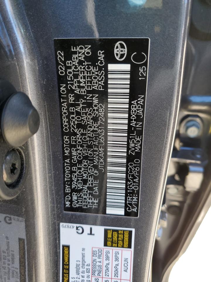 2022 TOYOTA PRIUS NIGHT SHADE VIN:JTDKAMFU6N3172482