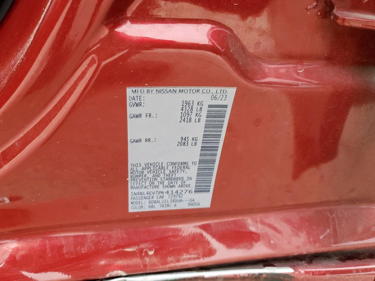 2023 NISSAN ALTIMA SL VIN:1N4BL4EV7PN414276