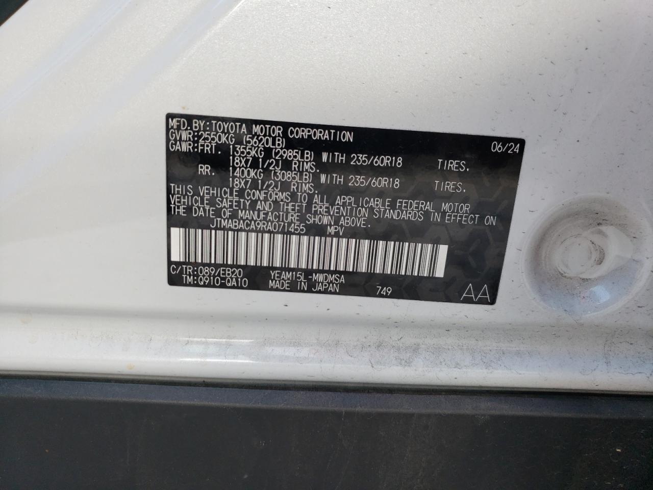 2024 TOYOTA BZ4X XLE VIN:JTMABACA9RA071455