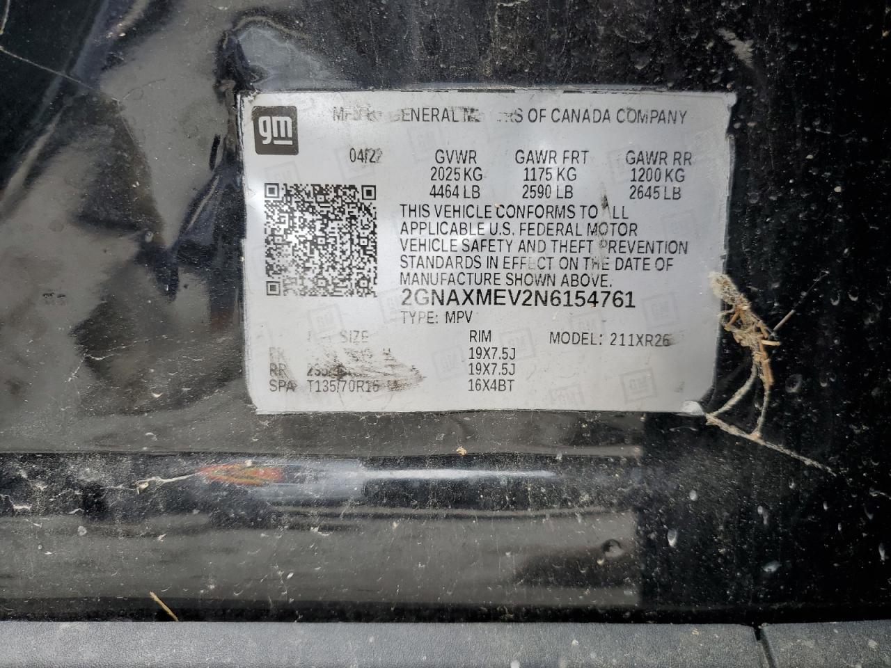 2022 CHEVROLET EQUINOX RS VIN:2GNAXMEV2N6154761