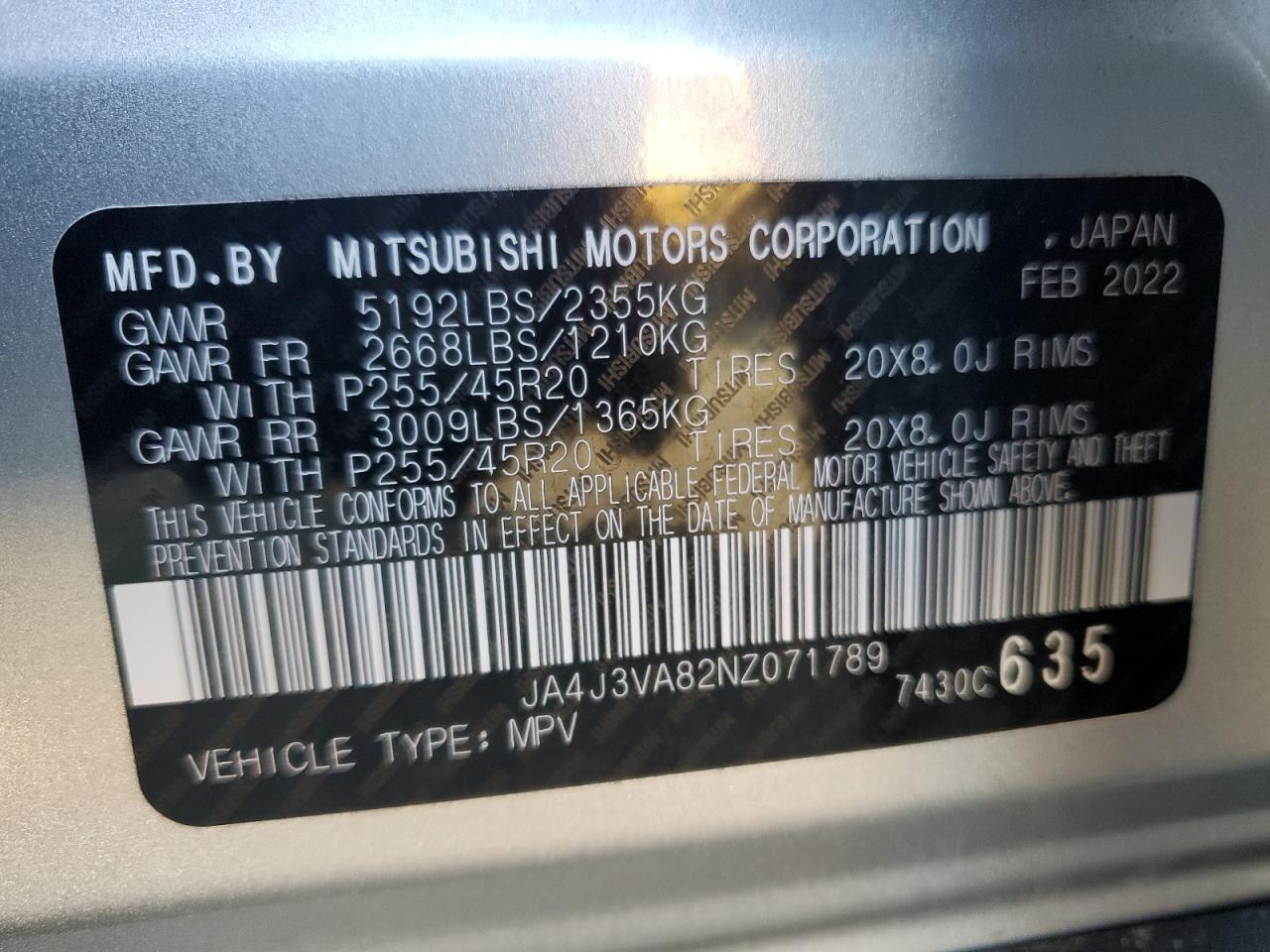 2022 MITSUBISHI OUTLANDER SEL VIN:JA4J3VA82NZ071789