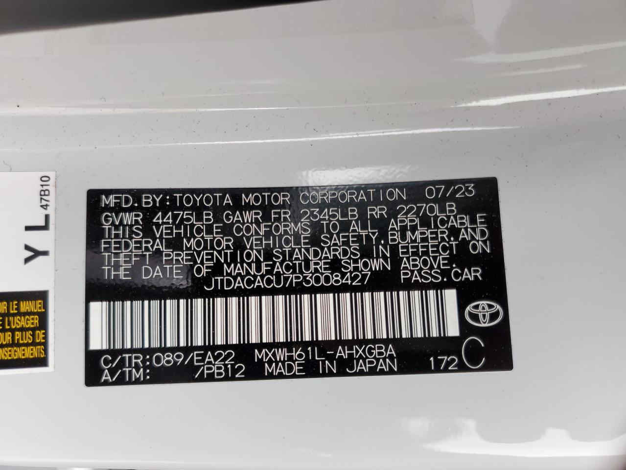 2023 TOYOTA PRIUS PRIME SE VIN:JTDACACU7P3008427