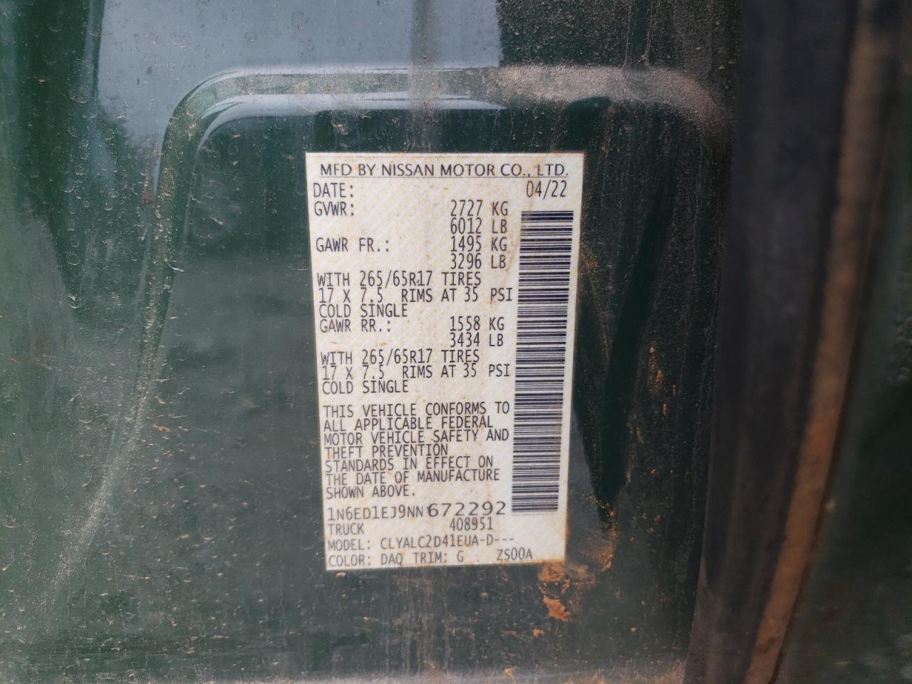 2022 NISSAN FRONTIER S VIN:1N6ED1EJ9NN672292