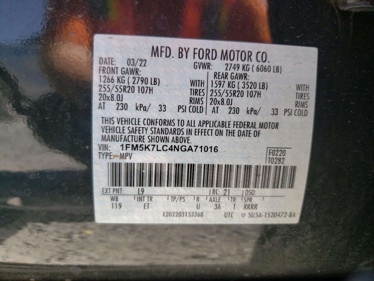 2022 FORD EXPLORER KING RANCH VIN:1FM5K7LC4NGA71016