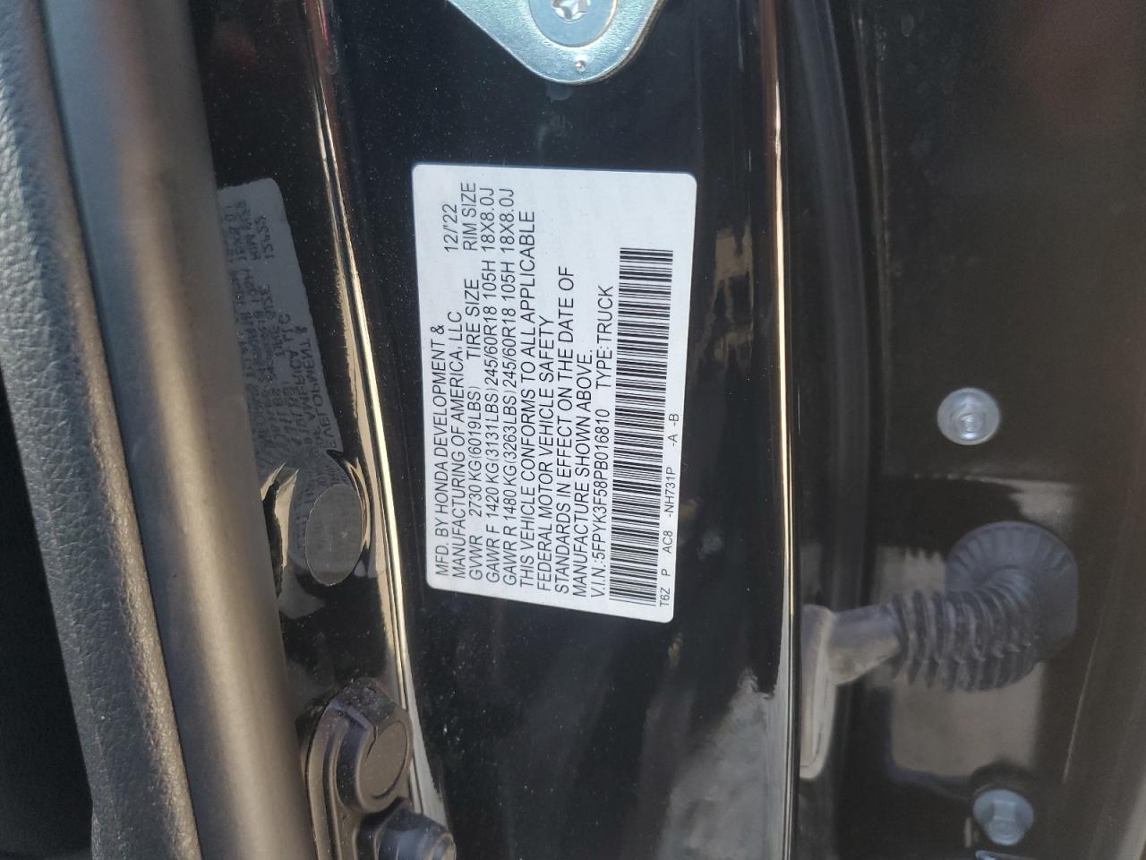 2023 HONDA RIDGELINE RTL VIN:5FPYK3F58PB016810