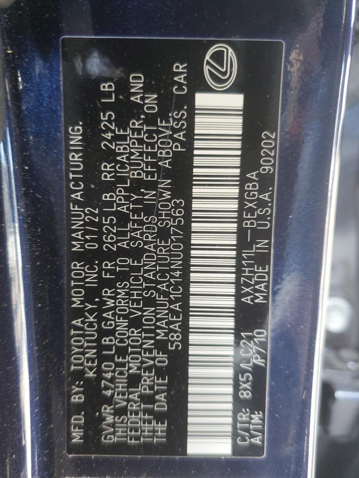 2022 LEXUS ES 300H BASE VIN:58AEA1C14NU017563
