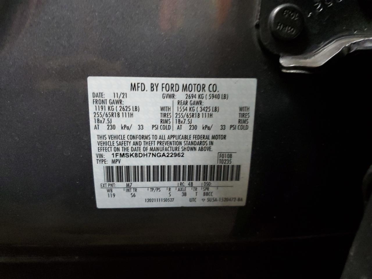 2022 FORD EXPLORER XLT VIN:1FMSK8DH7NGA22962